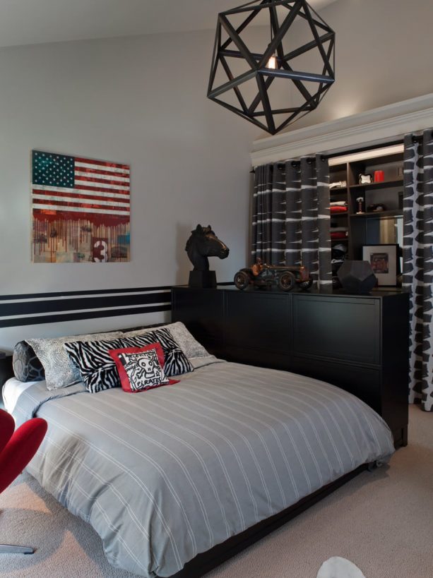 red, grey, and black boys’ bedroom