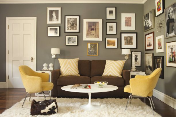 chocolate couch in grey and mustard living area