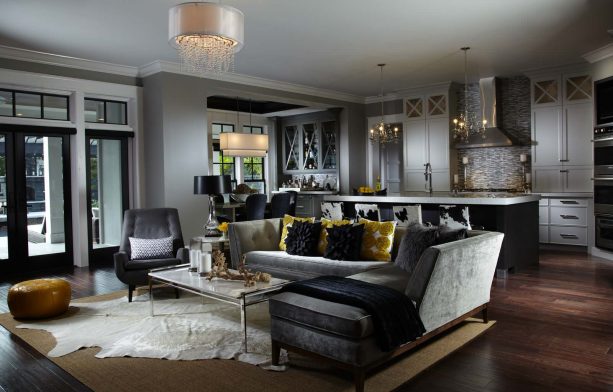 dark grey living room with accentuating mustard cushions