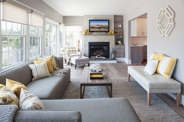 grey and mustard living room with bright natural light