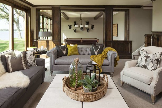 grey and mustard living with leather sofas in different gray tones