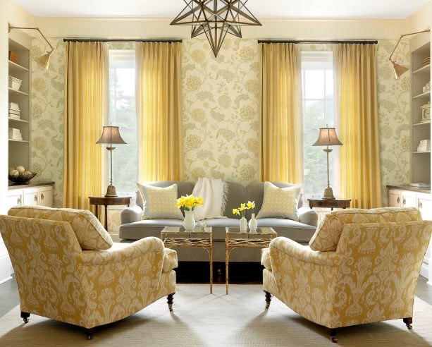 mustard and grey living room with busy patterns