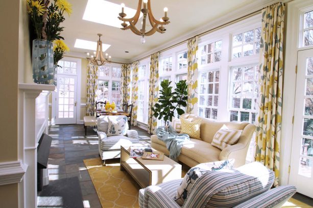 natural and sunny mustard and grey living room