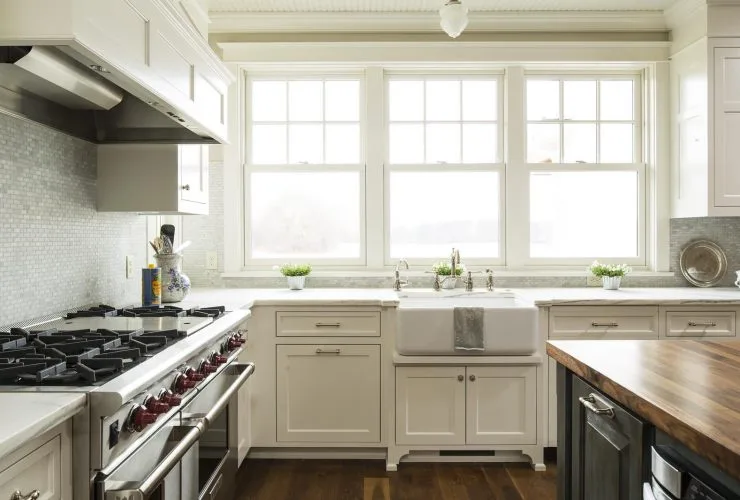 off-white cabinets in farmhouse kitchen