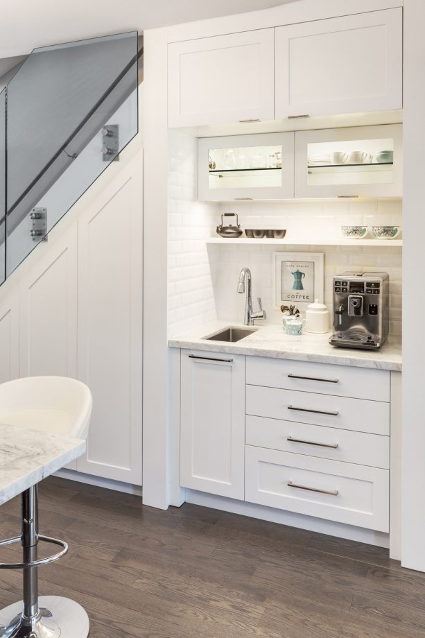 white shaker cabinets for a coffee bar
