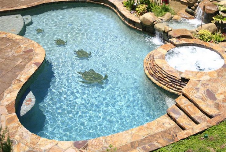 3D turtles mosaic in small inground swimming pool