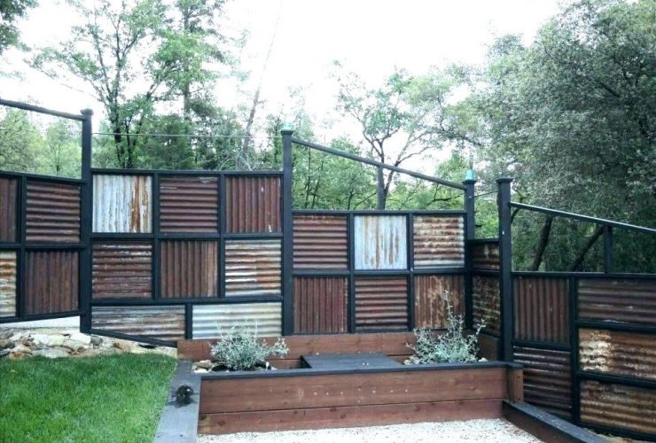 rusty corrugated metal fence with vertical and horizontal design