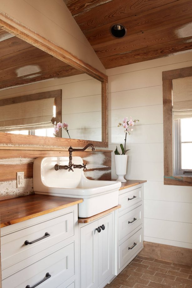 rustic wood backsplash in a bathroom