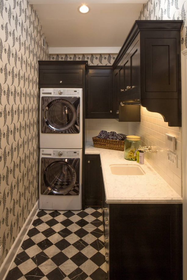 black and white checkered marble tile in a laundry room