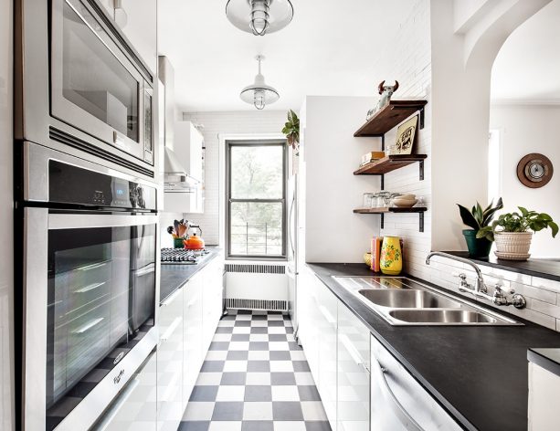black and white porcelain tile in a bright transitional kitchen