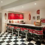 classic style underground basement with black and white ceramic floor