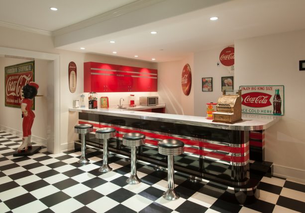 classic style underground basement with black and white ceramic floor