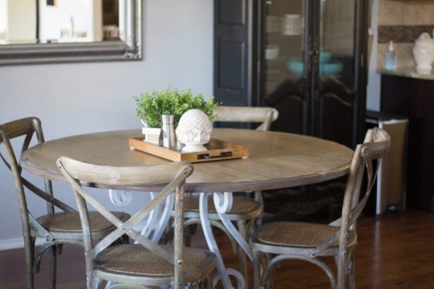 dining table set with Minwax Classic Gray and Weathered Oak refinishing