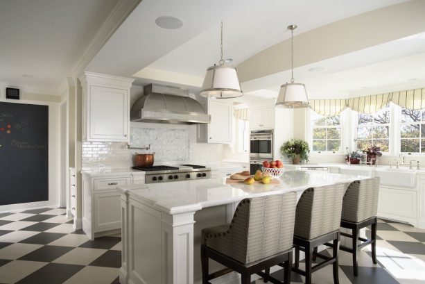 medium size checkered black and white porcelain tiles in kitchen area