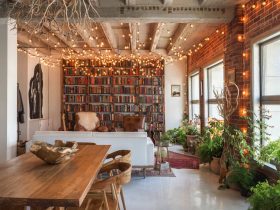 open living room with string lighting