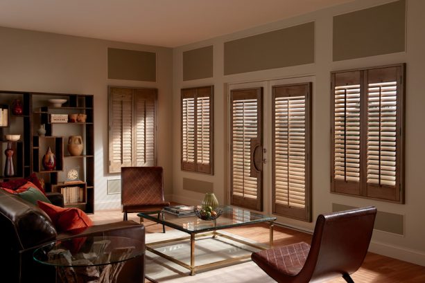 brown hardwood plantation shutters on French doors and windows