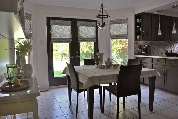 flat roman shades with coordinating color and pattern with the nearby windows