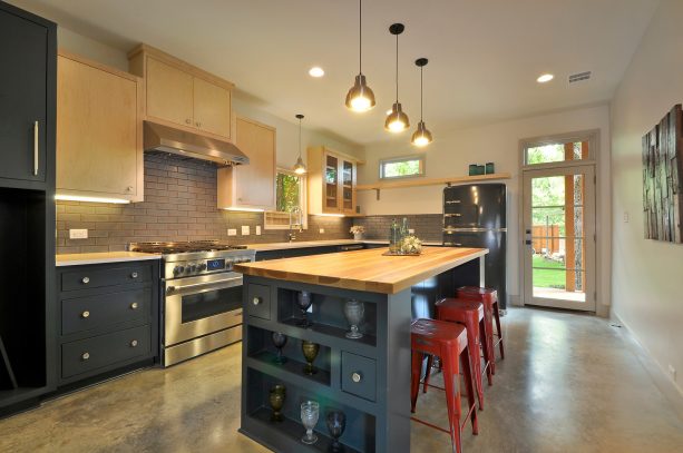 grey backsplash from glazed think brick material