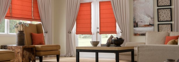 orange blackout roman shade in hobbled style for French doors