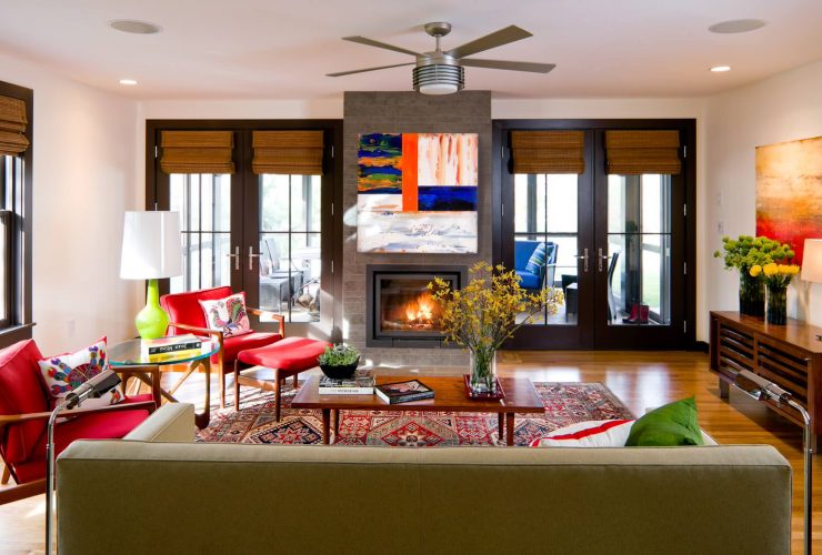 woven wood roman shades in black French doors