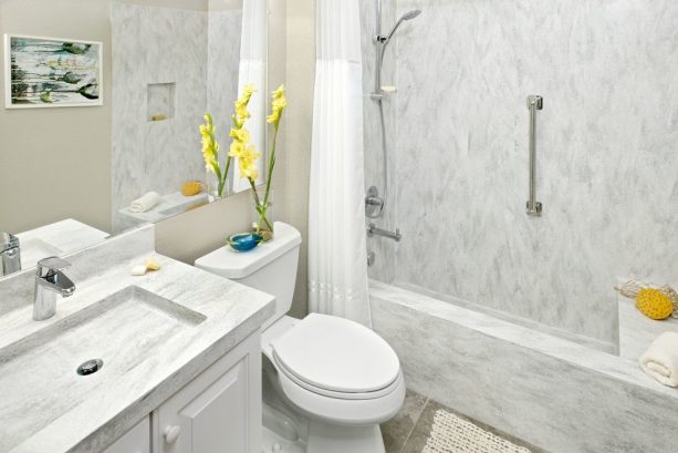 Arrowroot solid wall panels in a contemporary bathroom