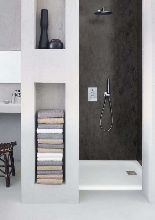 Lava Rock solid wall panels in a modern shower room