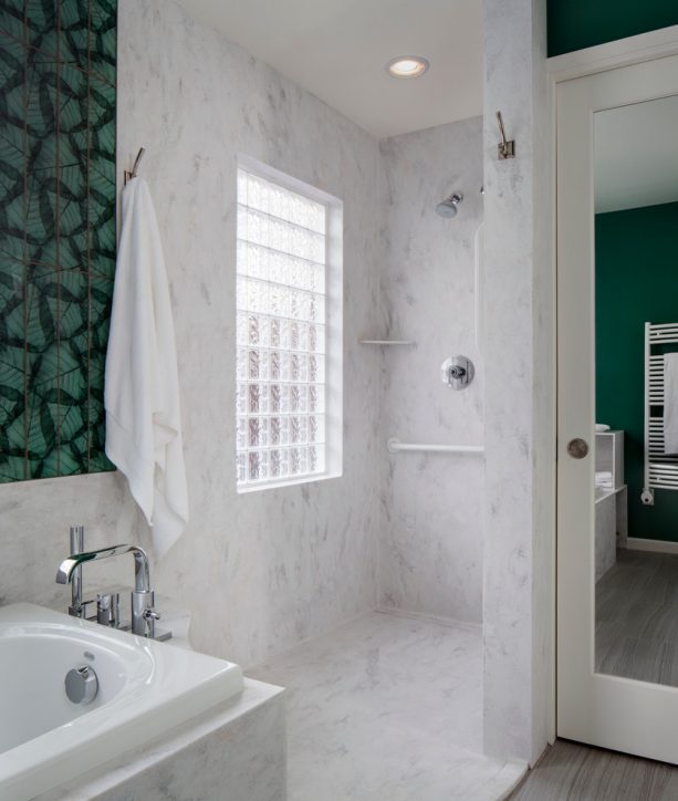 Rain Cloud solid wall panels in a transitional shower room