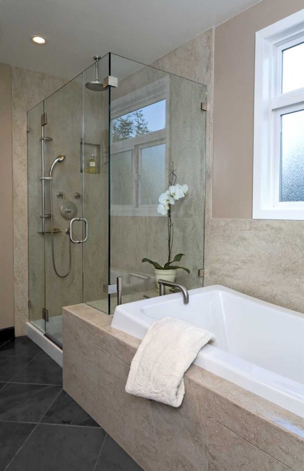 a contemporary shower room with Tumbleweed solid panels for the walls