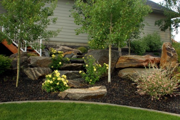 backyard landscaping with boulders and rock-straw mulch combo