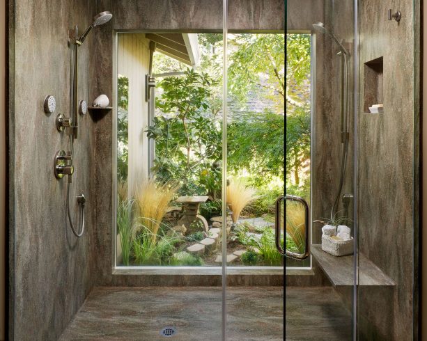 contemporary shower room with Rosemary solid panels on the walls and floor