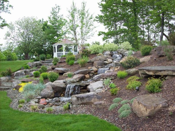 creating a waterfall on a slope with rocks and mulch