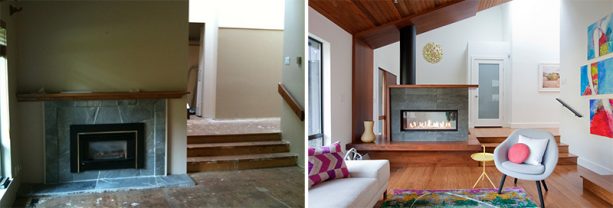 a before and after photo of a living area in a split-level house