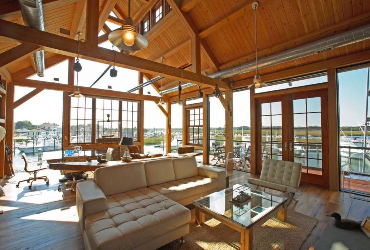 an eclectic living room with tongue and groove roof deck from Douglas fir material