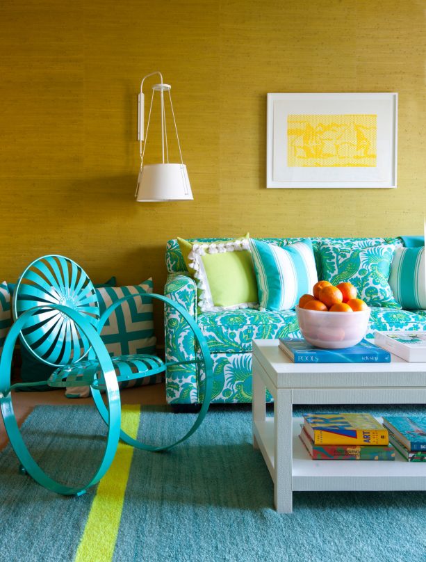 mustard yellow and turquoise eclectic living room theme