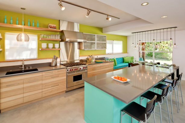 turquoise and olive green contemporary kitchen