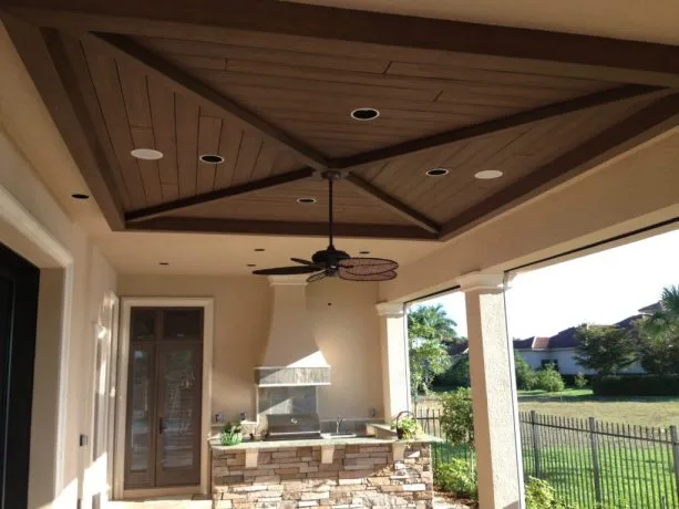 unique square tongue and groove ceiling in a back porch