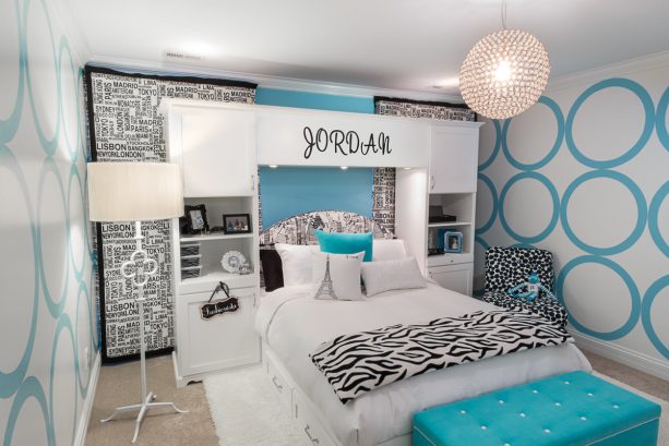 white, black, and turquoise bedroom color scheme