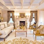 elegant-patterned white and gold rug in a luxurious traditional living room