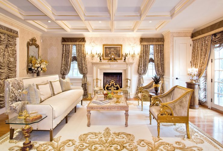 elegant-patterned white and gold rug in a luxurious traditional living room
