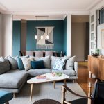 tan and teal walls in a transitional interior
