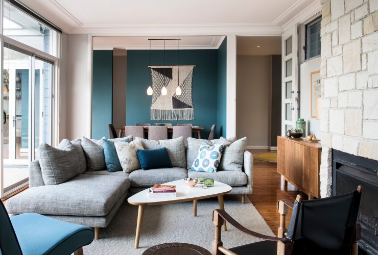 tan and teal walls in a transitional interior