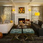 neon yellow wall sconces on a gray wall in a contemporary living room