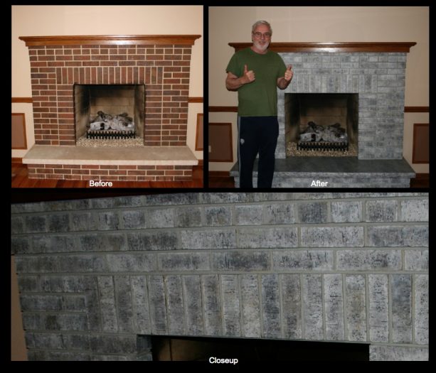 staining for creating an aged look on a red brick fireplace