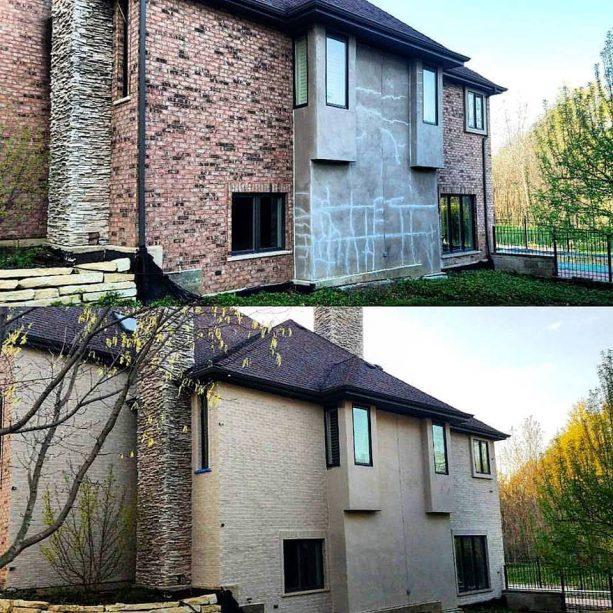 the before and after brick staining process for creating a uniform look