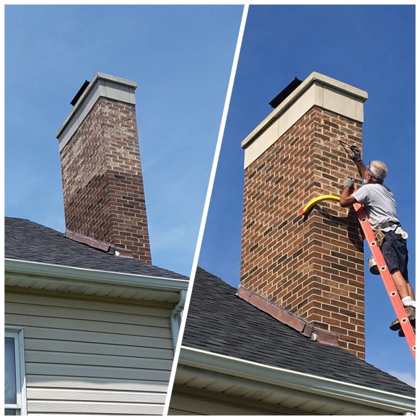 the before and after photo of a stained brick chimney