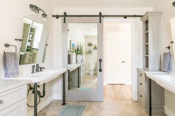 modern farmhouse sliding barn door with mirror