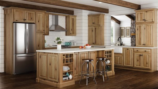 a modern feel in a kitchen with hickory cabinets and dark wood floors