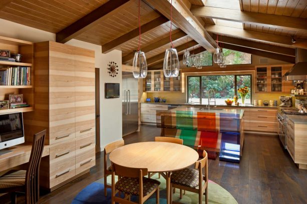 midcentury kitchen with the combination of hickory cabinetry and dark wood floor