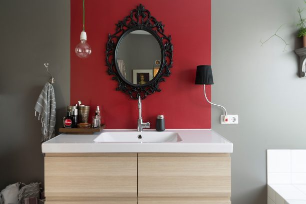 Red And Black Bathroom Decor Ideas, Red Accent Cabinet In Bathroom