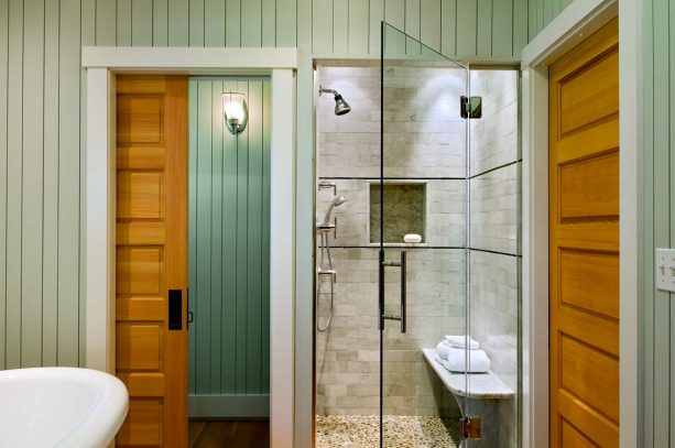 5-panel Douglas fir wood pocket door with white trim